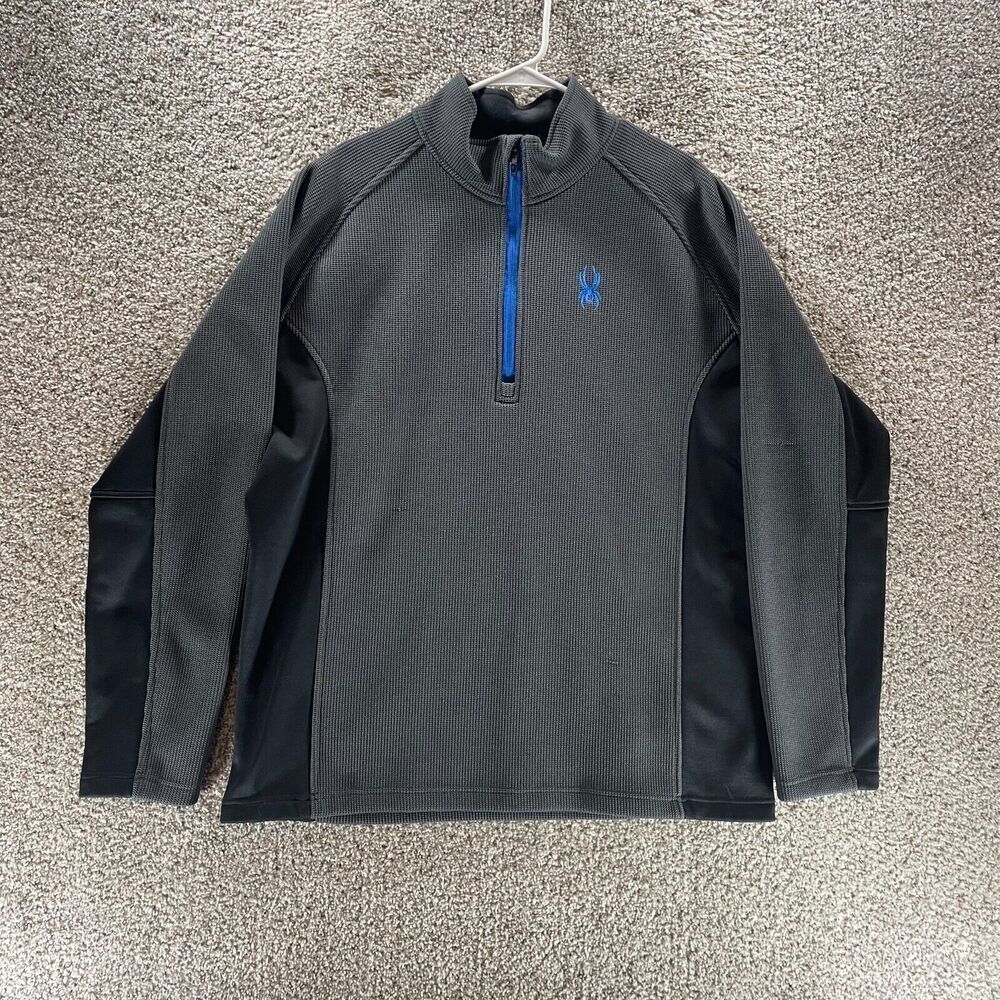 Spyder Sweater Mens 2XL XXL Gray Quarter Zip Waffle Knit Pullover Mock Neck Logo